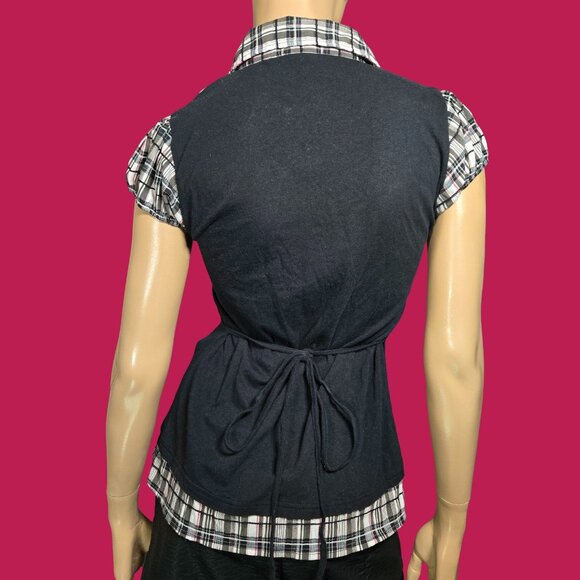 Y2K Button Up Blouse Top Size L Black White Plaid Short Sleeve Stretch Tie Back - Picture 5 of 9